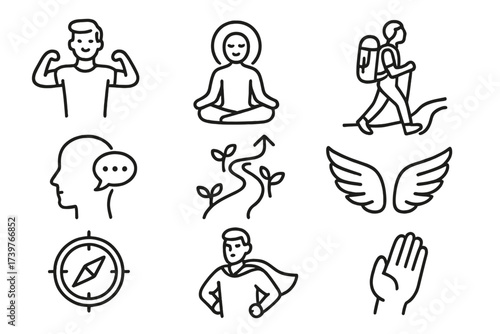 Solo Travel Icons. Line style icons of solo travel mindset: confidence icon, inner peace symbol, independent journey icon,
