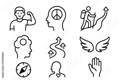 Solo Travel Icons. Line style icons of solo travel mindset: confidence icon, inner peace symbol, independent journey icon,