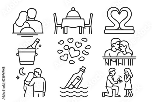 Romantic Cruise Icons. Line style icons of romantic cruise features: couple at sunset, private dining icon, heart-shaped towel art