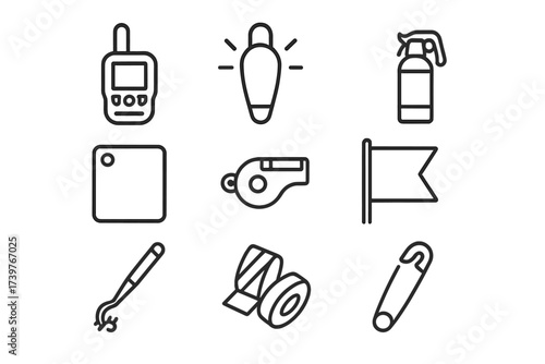 Safety Gear Icons. Line style icons of safety gear: satellite messenger, emergency beacon, bear spray, signal mirror, rescue
