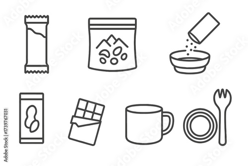 Trail Snack Icons. Line style icons of trail snacks and food: energy bar, freeze-dried meal, trail mix, powdered drink, peanut