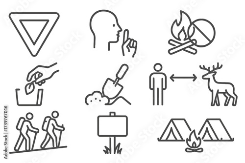 Backcountry Etiquette Icons. Line style icons of backcountry etiquette: trail yield sign, quiet hours, camp cleanup, no-trace fire