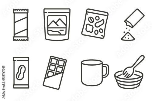 Trail Snack Icons. Line style icons of trail snacks and food: energy bar, freeze-dried meal, trail mix, powdered drink, peanut