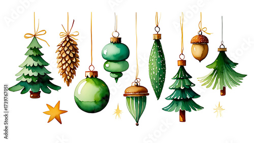 Watercolor Christmas Ornaments Pine Cone Trees and Acorn Decoration Isolated on White Background