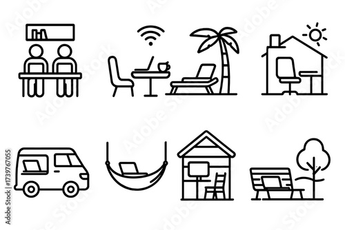 Travel Workspace Icons. Line style icons of travel workspaces: coworking space, cafe with Wi-Fi, beach workstation, rooftop office