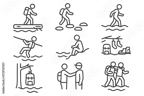 River Crossing Icons. Line style icons of river crossing scenarios: log bridge, stepping stones, ford spot, rope assist, riverbank