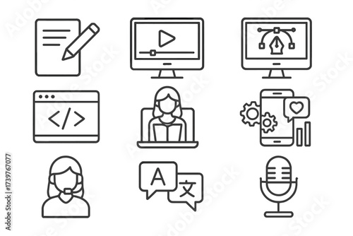Freelance Career Icons. Line style icons of freelance career options: copywriting, video editing, graphic design, web development,