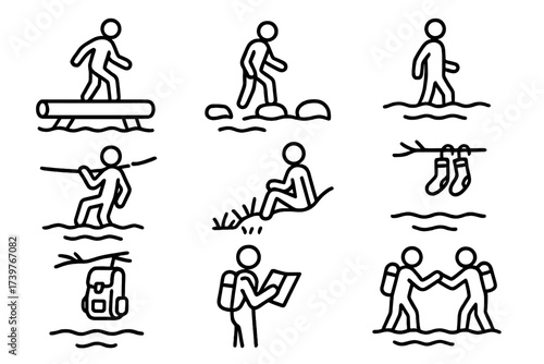 River Crossing Icons. Line style icons of river crossing scenarios: log bridge, stepping stones, ford spot, rope assist, riverbank