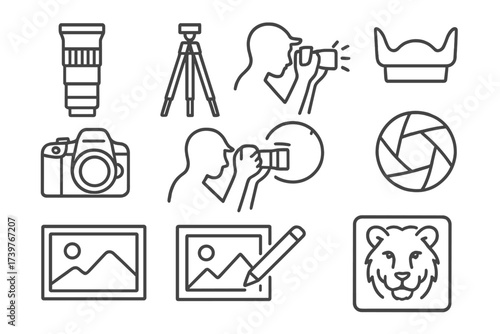 Safari Photography Icons. Line style icons of safari photography: zoom lens, tripod, lens hood, DSLR body, action shot, shutter