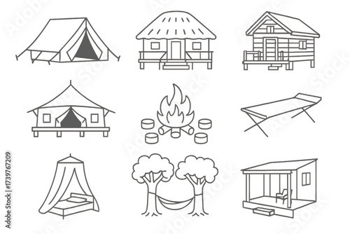 Safari Accommodation Icons. Line style icons of safari accommodations: canvas tent, bush lodge, wooden cabin, luxury tent,