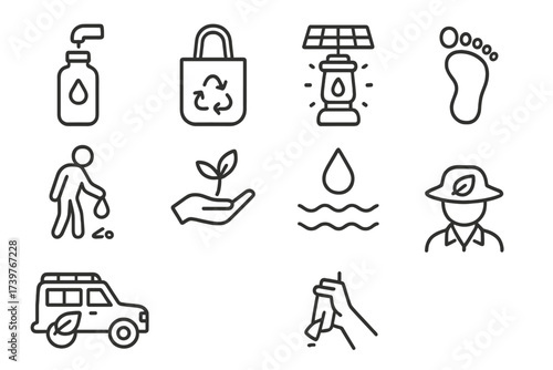 Eco-Tourism Safari Icons. Line style icons of eco-tourism on safari: refill bottle, reusable bag, solar lantern, minimal footprint