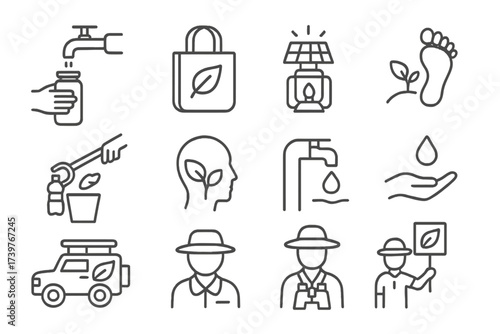 Eco-Tourism Safari Icons. Line style icons of eco-tourism on safari: refill bottle, reusable bag, solar lantern, minimal footprint