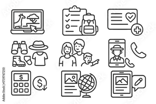 Safari Preparation Icons. Line style icons of safari preparation: online booking, packing list, vaccination card, travel insurance