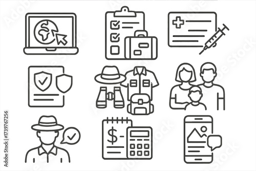 Safari Preparation Icons. Line style icons of safari preparation: online booking, packing list, vaccination card, travel insurance