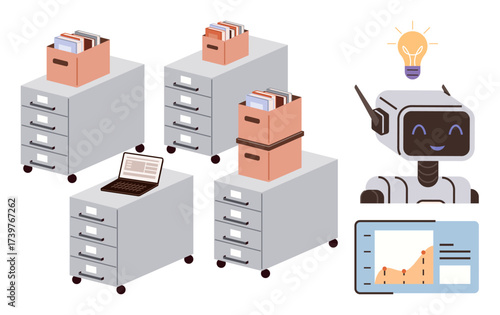 File cabinets with documents, robot assistant, laptop, chart, lightbulb. Ideal for automation, innovation, AI office workflow digital transformation data analysis organization. Simple flat