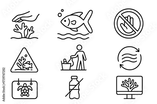 Environmental Awareness Icons. Line style icons of environmental awareness: coral care, marine life respect, no touch zone, reef