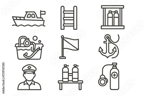 Dive Boat Line Icons. Line style icons of dive boats and support: dive boat, boat ladder, dive deck, gear rinse tank, boat flag,