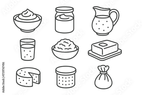 Dairy Fermentation Icons. Line style icons of dairy fermentation: yogurt bowl, sour cream jar, kefir pitcher, buttermilk glass,
