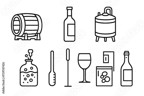 Fermentation Icons Set. Line style icons of alcoholic fermentation: beer barrel, wine bottle, fermenting vat, bubbling carboy,