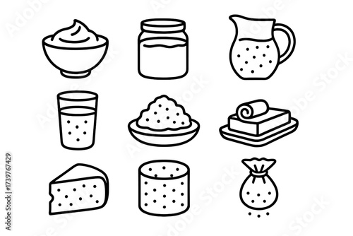 Dairy Fermentation Icons. Line style icons of dairy fermentation: yogurt bowl, sour cream jar, kefir pitcher, buttermilk glass,