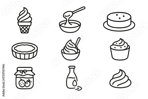 Fermented Dessert Icons. Line style icons of fermented desserts: kefir ice cream, miso caramel, sourdough cake, yogurt tart,