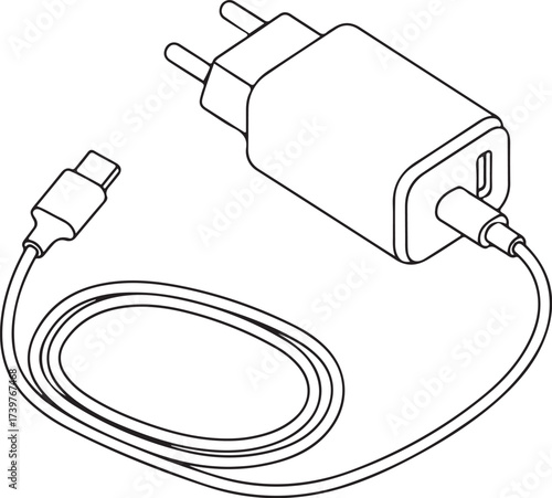 Line art illustration of a usb wall charger with cable.