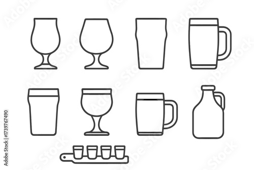 Beer Tasting Icons. Line style icons of beer tasting glasses: tulip glass, snifter, pint glass, stein, nonic pint, goblet, mug