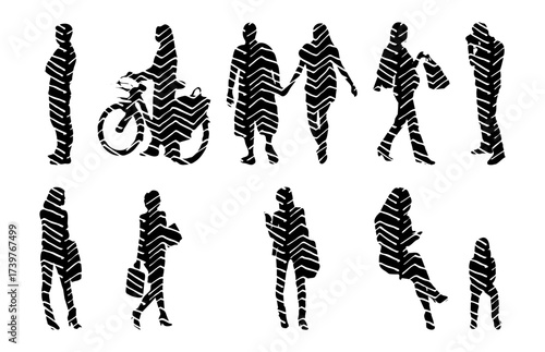 Vector illustration, Outline silhouettes of people, Contour drawing, people silhouette, Icon Set Isolated , Silhouette of sitting people, Architectural set