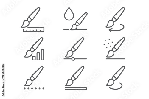 Brush Settings Icons. Line style icons of brush customization settings: brush size, opacity level, pressure sensitivity, flow