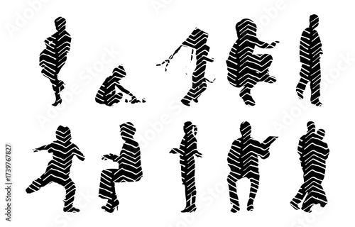 Vector illustration, Outline silhouettes of people, Contour drawing, people silhouette, Icon Set Isolated , Silhouette of sitting people, Architectural set