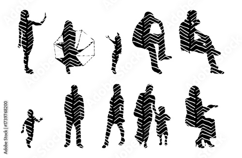 Vector illustration, Outline silhouettes of people, Contour drawing, people silhouette, Icon Set Isolated , Silhouette of sitting people, Architectural set