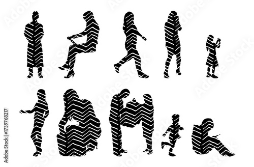 Vector illustration, Outline silhouettes of people, Contour drawing, people silhouette, Icon Set Isolated , Silhouette of sitting people, Architectural set