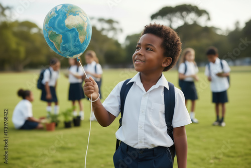 Elementary schoolboy in uniform holds an earth shaped balloon and gazes up thoughtfully in a green schoolyard, surrounded by classmates and potted plants, symbolizing hope for sustainability