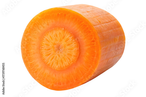 Close up of a fresh orange carrot slice showing its circular cross section with core and rings isolated on transparent background