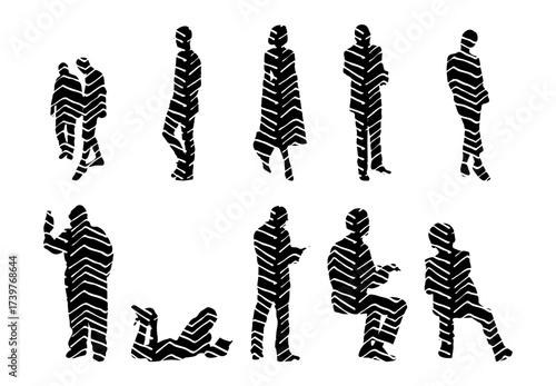 Vector illustration, Outline silhouettes of people, Contour drawing, people silhouette, Icon Set Isolated , Silhouette of sitting people, Architectural set