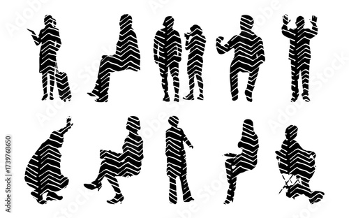 Vector illustration, Outline silhouettes of people, Contour drawing, people silhouette, Icon Set Isolated , Silhouette of sitting people, Architectural set