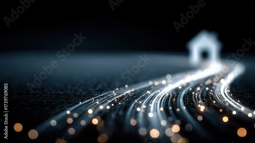 Abstract image of a home symbol emerging from a network of light trails on a dark surface