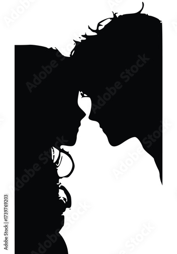 Eternal Embrace: A silhouette captures a tender moment of a couple. The tender embrace shows connection, affection, and everlasting love. Silhouette artwork. 
