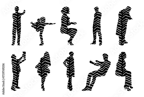Vector illustration, Outline silhouettes of people, Contour drawing, people silhouette, Icon Set Isolated , Silhouette of sitting people, Architectural set