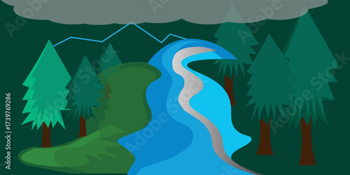 Forest Scene with River Running Through – Vector Illustration for Nature Lovers