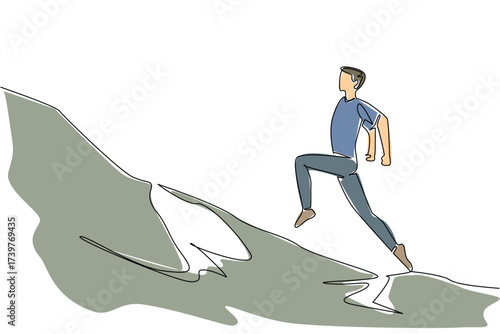 Single line drawing of a young man climbing a trail on a mountain slope, illustrated with natural tones to celebrate National Trails Day and highlight the spirit of outdoor adventure.