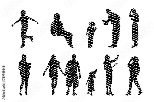 Vector illustration, Outline silhouettes of people, Contour drawing, people silhouette, Icon Set Isolated , Silhouette of sitting people, Architectural set