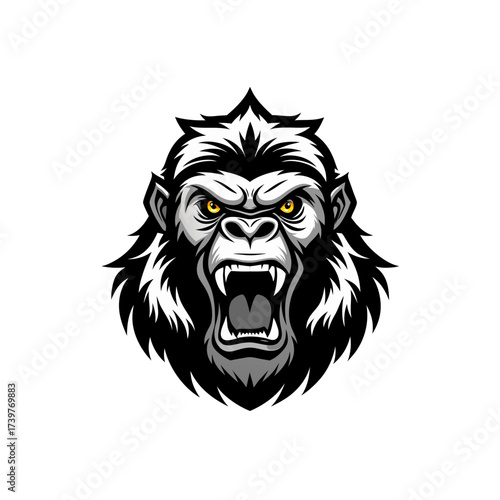 Ferocious gorilla head roaring loudly art on transparent background silhouette