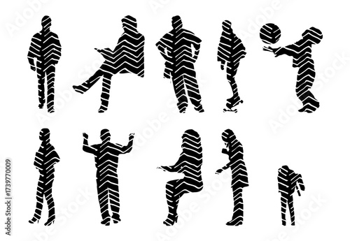 Vector illustration, Outline silhouettes of people, Contour drawing, people silhouette, Icon Set Isolated , Silhouette of sitting people, Architectural set