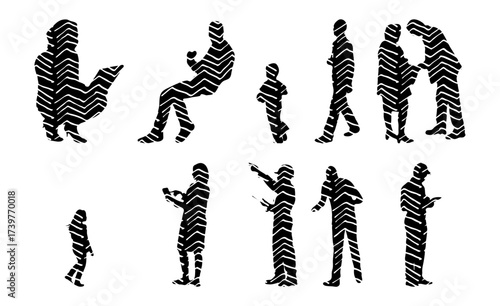 Vector illustration, Outline silhouettes of people, Contour drawing, people silhouette, Icon Set Isolated , Silhouette of sitting people, Architectural set