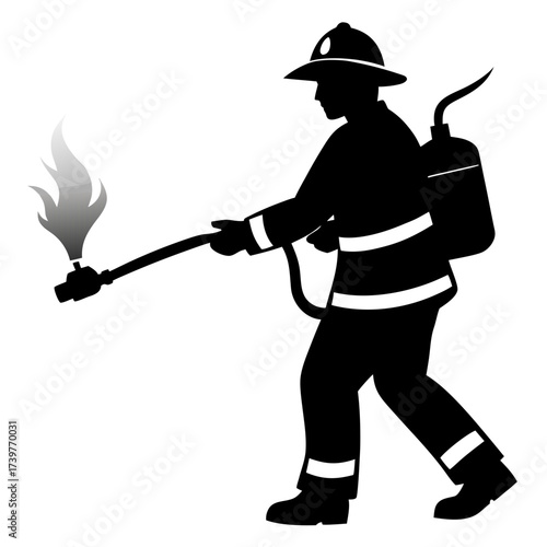 Male firefighter spraying water silhouette vector black illustration on white background
