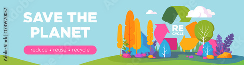 Recycle Symbol banner, saving ecology concept when people are recycling and reducing wastes