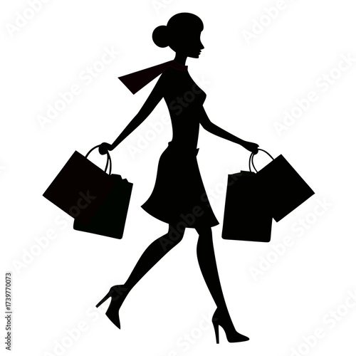 Woman carrying shopping bags silhouette vector black illustration on white background