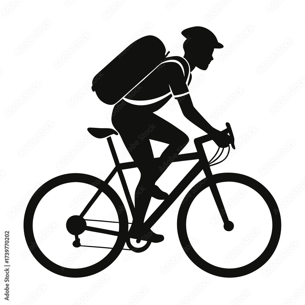 Fototapeta premium Cyclist carrying backpack silhouette vector black illustration on white background