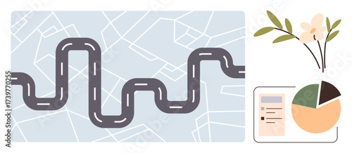 Winding road over city map aligns with pie chart, document, and flower pot evoking themes of journey, planning, analysis, growth, and creativity. Ideal for strategy, progress metaphor simple flat